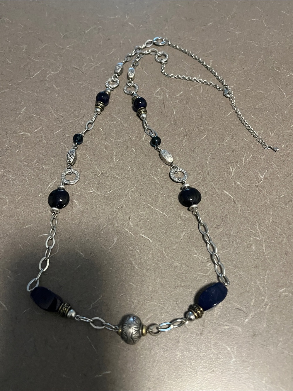Long Silver Chain Necklace with Deep Navy Beads -